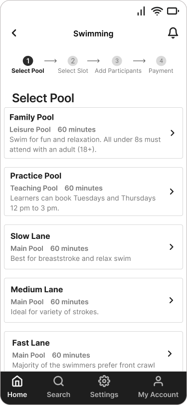Leisure Centre - Pool Details Screen Design
